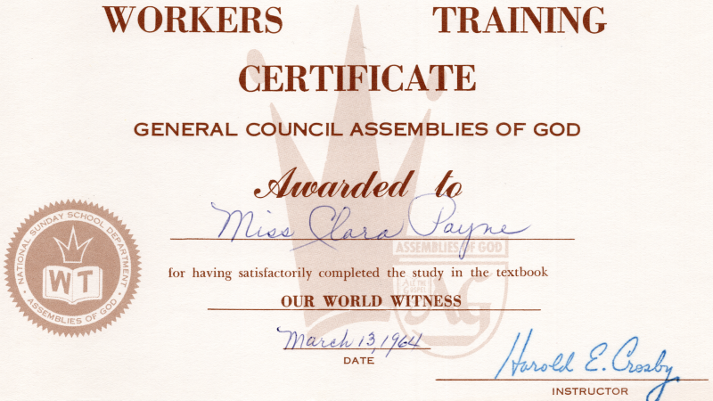 Presented to Clara Payne for "Our World Witness"