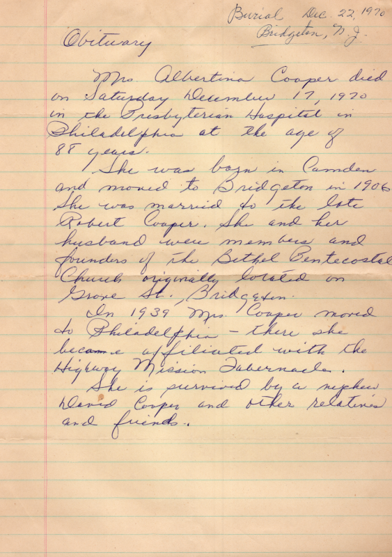 Obituary of Mrs. Albertina Cooper