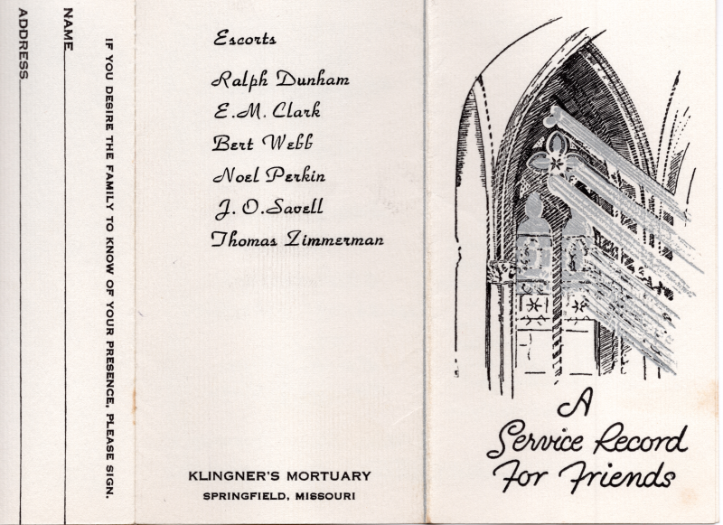 Cover, form to express condolences, names of funeral escorts