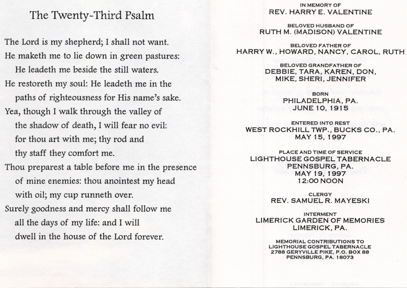 Rev. Harry E. Valentine; Psalm 23