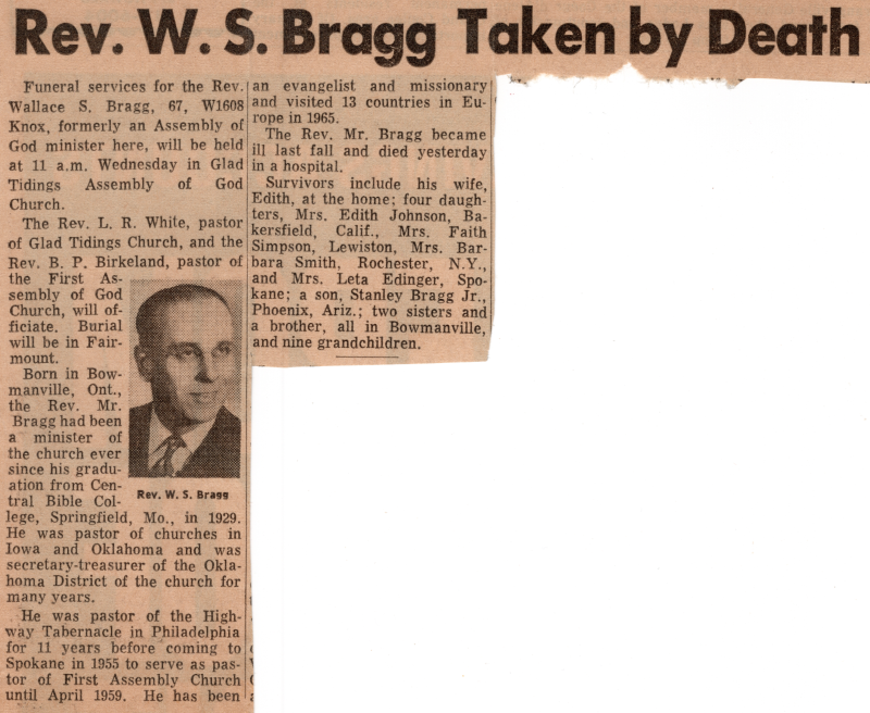 Newspaper article announcing Rev. Bragg's death, "Rev. W.S. Bragg Taken by Death"