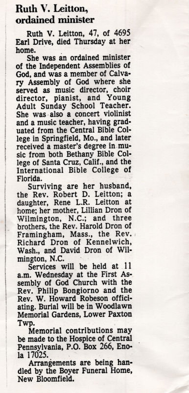 Article announcing the death of Ruth Leitton, ordained minister, at forty-seven