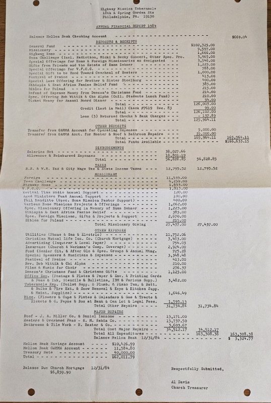 Church deposits, disbursements, missions giving, taxes, and savings