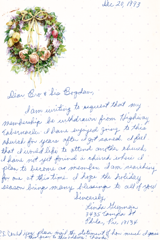 Letter to the Bogdans requesting a withdrawl of membership to Highway