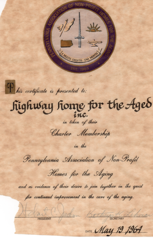 Certificate of charter membership presented to Highway Home for the Aged by the Pennsylvania Association of Non-Profit Home for the Aging