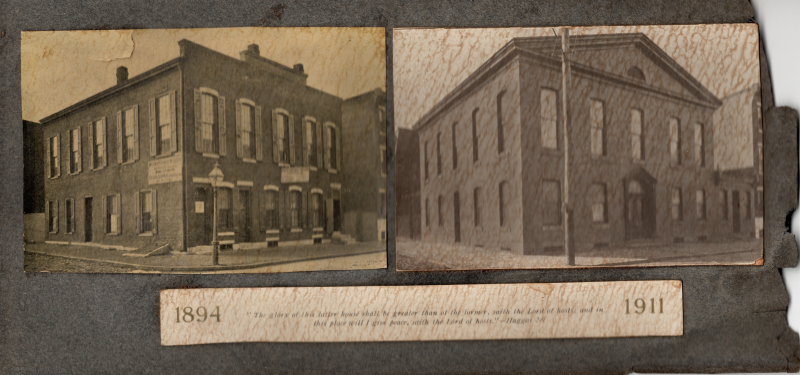 An image of two of Highway's buildings in 1894 and 1911 with a quote from Haggai 2-9