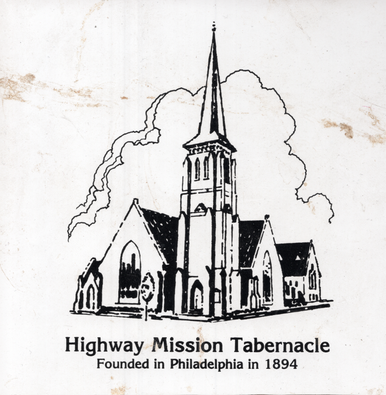 Plaque with an illustration of Highway at 18th and Spring Garden Streets with the caption "Highway Mission Tabernacle, Founded in Philadelphia in 1894"