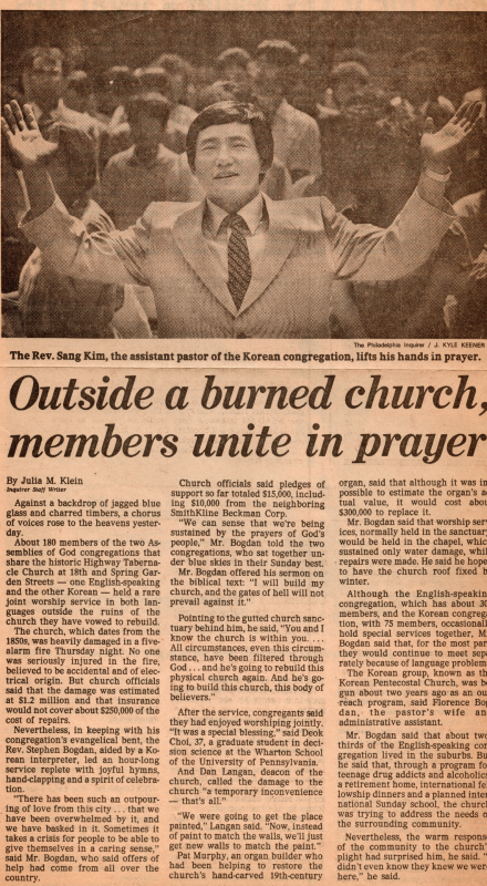 Article about prayer outside of the burnt building. Mention of the Korean congregation