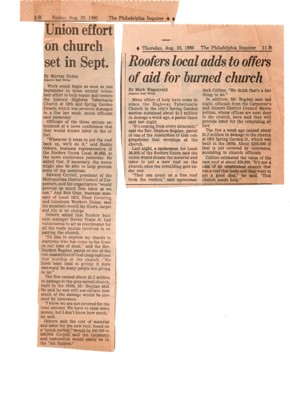 Articles about unions aiding in rebuilding Highway after the fire