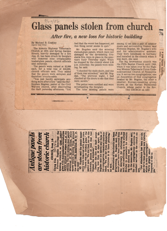 Articles about theft of church supplies after the fire at Highway