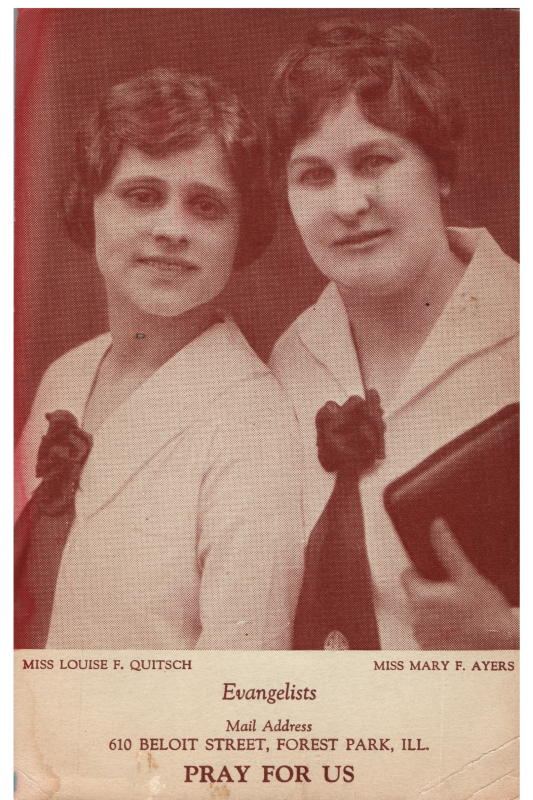 Prayer card for evangelists Louise F. Quitsch and Miss Mary F. Ayers