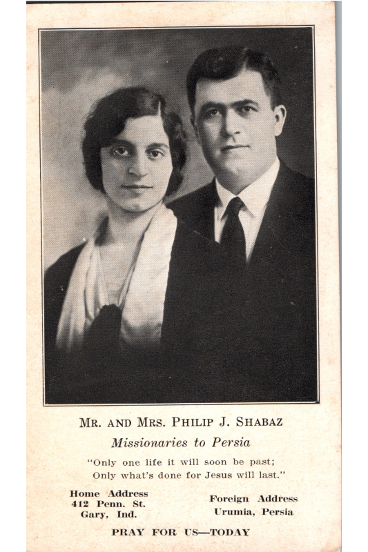 Prayer card for Mr. and Mrs. Philip J. Shabaz, missionaries to Persia