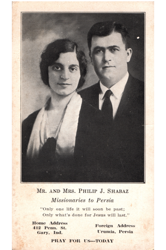 Prayer card for Mr. and Mrs. Philip J. Shabaz, missionaries to Persia