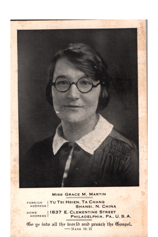 Prayer card for Miss Grace M. Martin, missionary to China