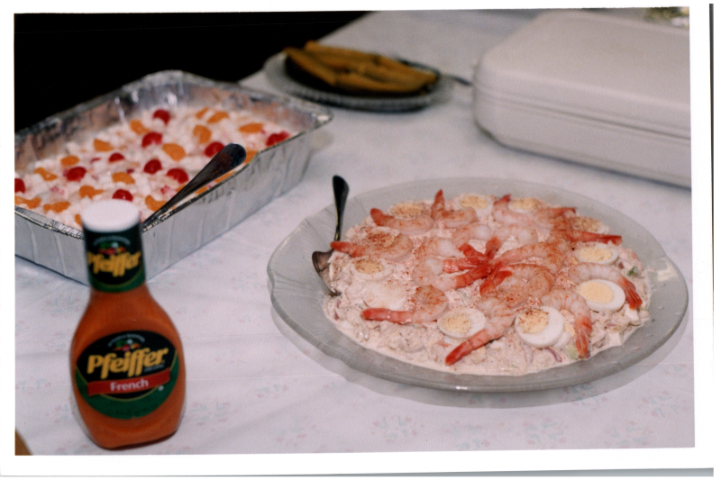 Shrimp salad, Jello salad, and French dressing