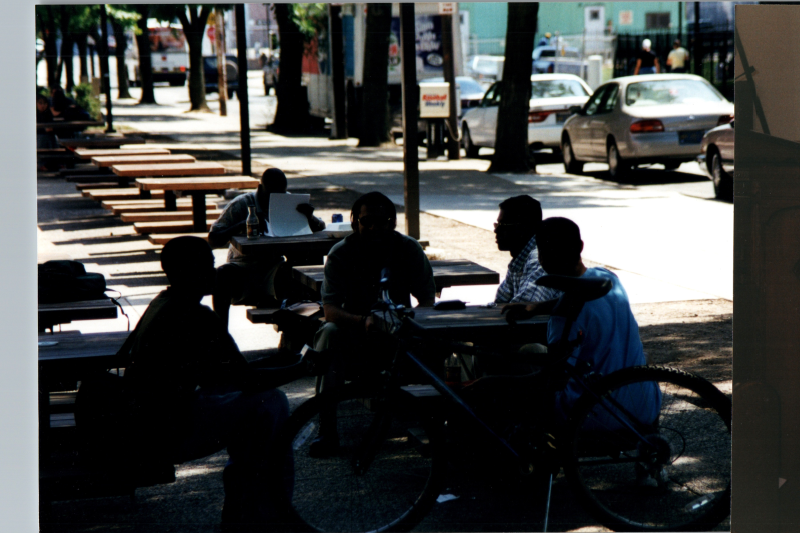 A group talks outside