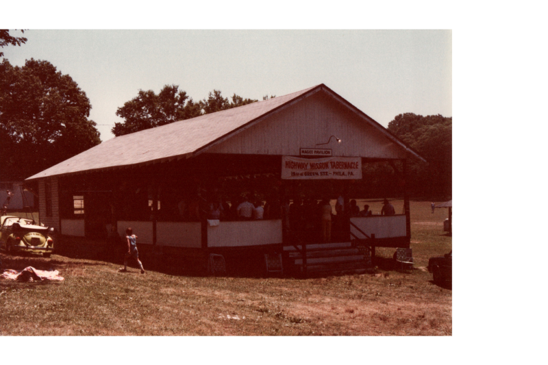 Church pavillion with a banner reading, "Highway Mission Tabernacle, 19th and Green STS. . . . Phila., PA."