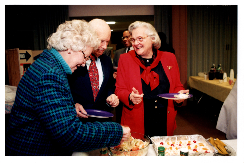Mrs. Bogdan speaks with congregants