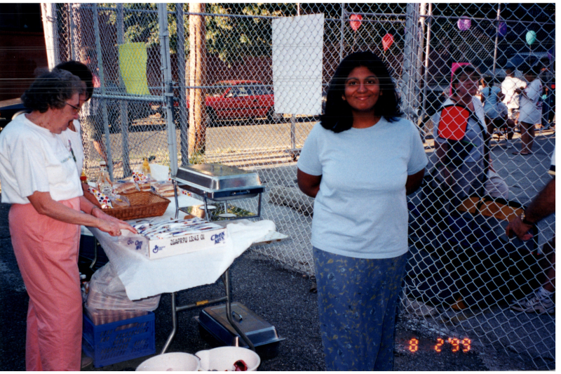 A group sets up a food table