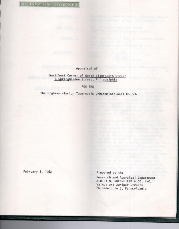 Cover page: "Appraisal of NorthWest Corner of North Eighteenth Street and SpringGarden Street, Philadelphia for the Highway Mission Tabernacle UnDenominational Church"