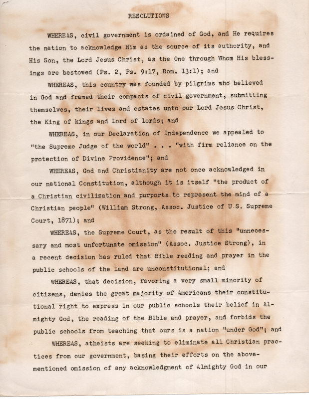 Resolution inserted in the back of the building appraisal about the Christian formation of the nation
