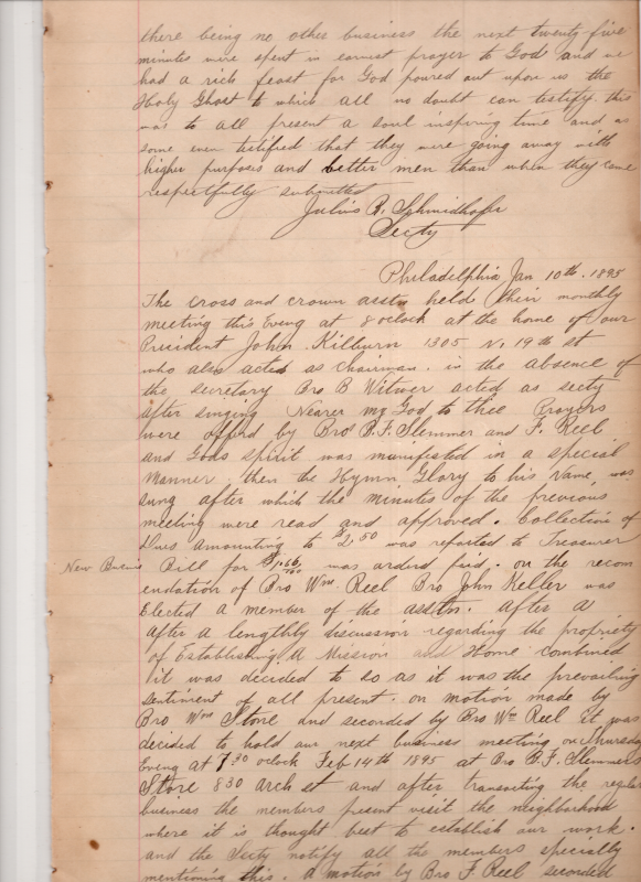 (Continuation of 12/13/1894 minues: Prayer, Holy Spirit); Cross and Crown Association meeting, prayer, hymn singing, collection of dues, reading of expenses, neighborhood visitation, organization of a Ladies' Auxilary