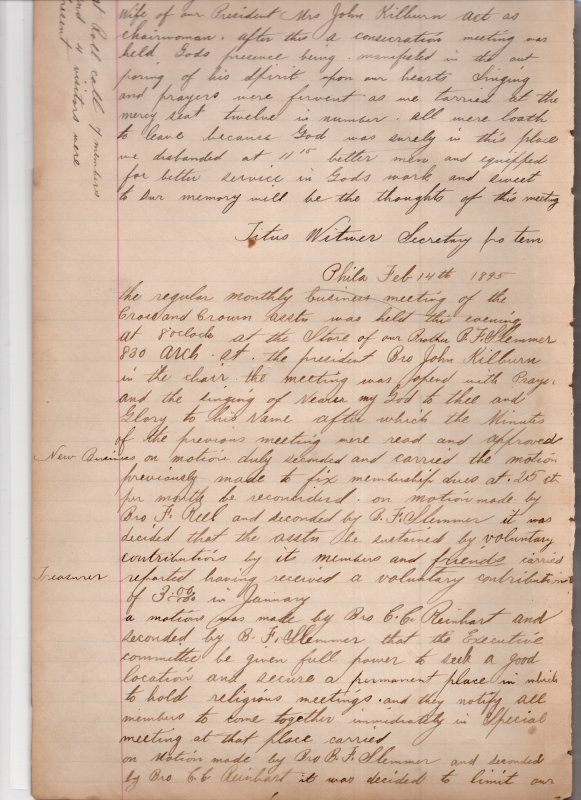 Cross and Crown Association, prayer, required membership dues eliminated and replaced with optional dues, decision to look for a permenant building within the radius of the North side of Girard Avenue to the South side of Chestnut but 5th and Broad Street, devotions, welcoming new members