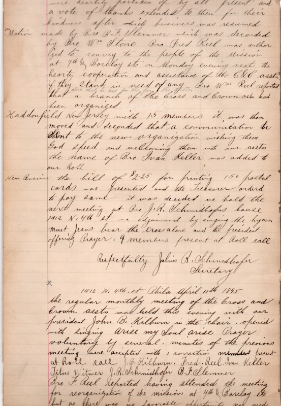 (Continuation of 3/14/1895: Motion to convey the mission at 7th and Barclay the upcoming Monday, agreement to reach out to a new organization in Haddonfield, NJ with support, discussion of the reminder card bills, hymn sing and prayer.) Hymn singing and prayer. Event and 7th and Barclay