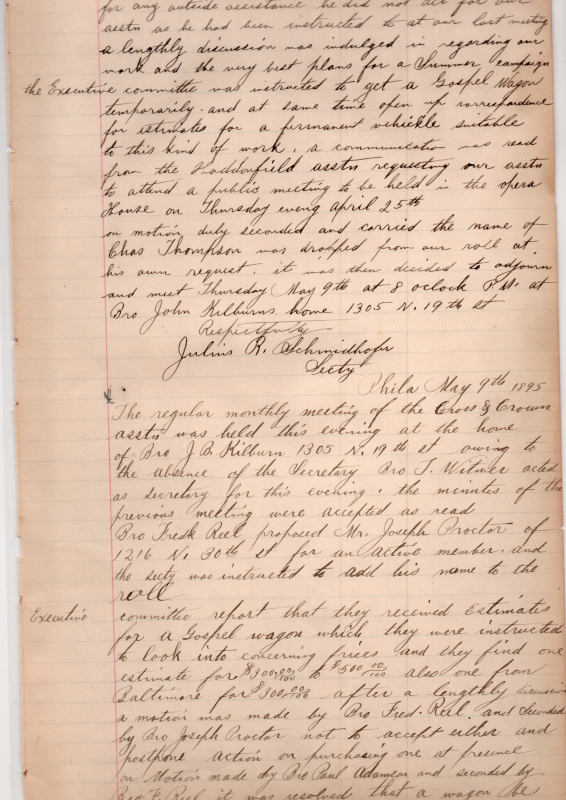 (Continuation of 4/11/1895: Plans for a sermon campaign were discussed, the executive committee was tasked with getting a gospel wagon, and plans to attend a public event at the opera house, invitation from the Haddonfield association). Estimates for a gospel wagon, and the decision to postpone purchasing one