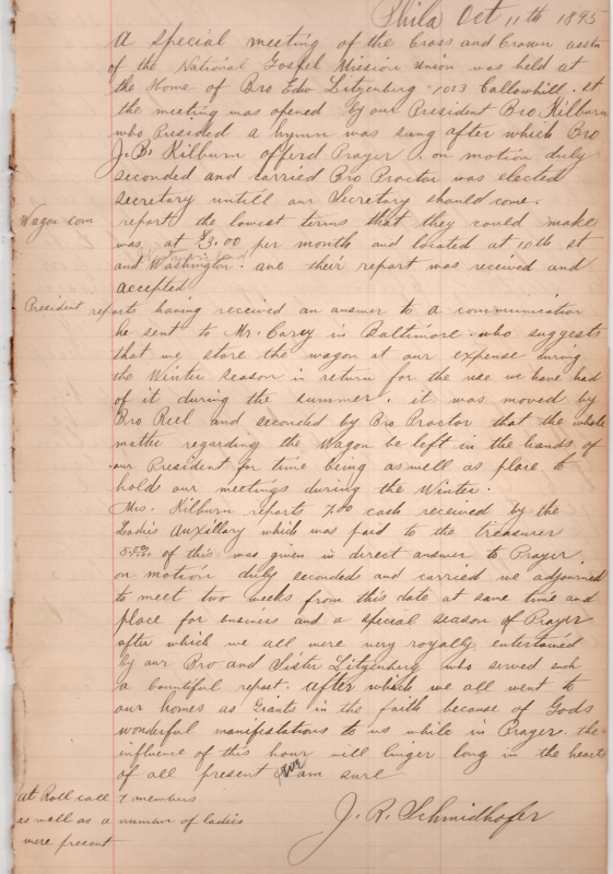 Hymn, storage location for the wagon, potential purchase of the wagon, donations from the ladies' auxilary, prayer, fellowship