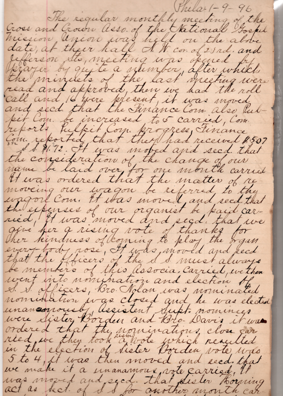 Prayer, growth of finance and pulpit committees, total intake of the finance committee, intake of the Sunday School, name change consideration delayed, wagon committee in charge of storage, decision to pay the expenses of the organist, decision to ensure that Sunday School officers must always be members of the organization, election of Sunday School officers, assistant superintendent elections, Sunday School secretary election delayed