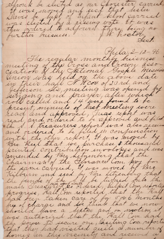(1/9/1896 minutes continued: chorister election, superintendent of the infant school election). Worship and prayer, treasurer's report, contribution envelopes, Sunday School funds given to the main treasury, Hall committee assured funding for 5-6 months, hall committee given the power to purchase a sexton