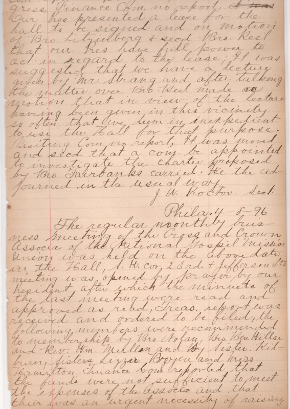 (3/11/1896 continued: signing of a lease for the hall, decision not to let Mr. Strang use the hall for a lecture, charter committee established). Prayer, treasurer's report, membership approvals, finance committee calls for urgent fund raising, as funds are insufficient to cover expenses