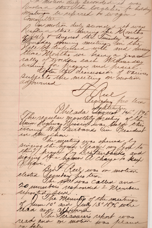 (7/13/1896 continued: change of routine meetings for summer months). Hymn, treasurer's report