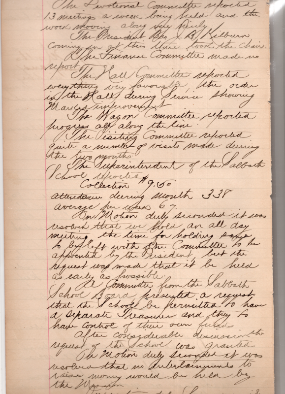 Devotional committee meetings, committee updates, Sunday School collections, all-day meeting scheduled, Sunday School granted a separate treasurer and control over their funds, fundraising held by the mission
