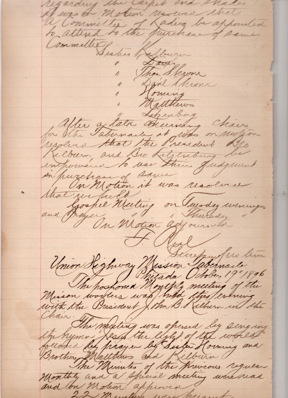 (10/14/1896 continued: Formation of the Committee of Ladies, chair purchase deferred to President and Bro. Litzenberg, meeting times decided); Hymns and prayer