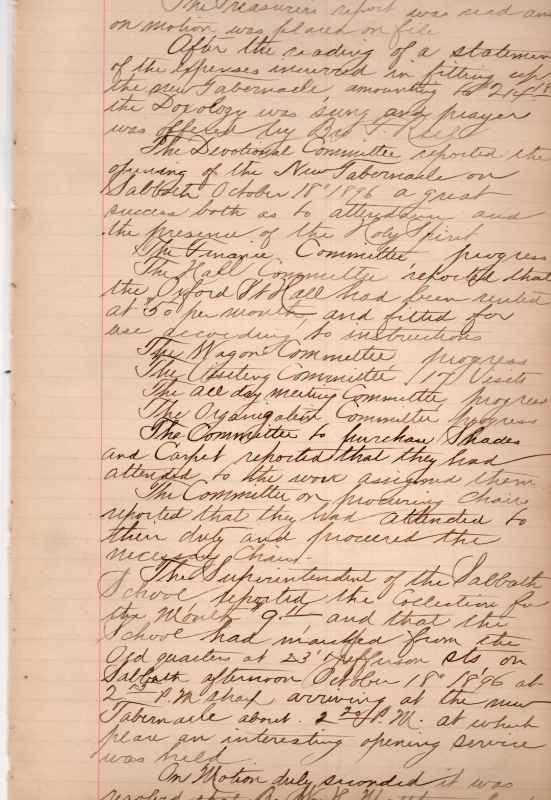 Treasurer's report, expenses for the new building discussed and followed with prayer, Devotional committee discussed the opening of the new building the day prior, and the success of the first service, renting of the former hall, committee reports, Sunday School collections and meeting in the new building