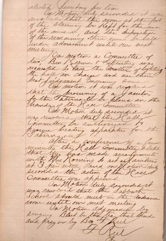 Reservation of rooms for the mission, hall lighting, hall committee put in charge of heating approaches, hiring of a janitress and pay discussed, Sabbath School meeting room, hymns and prayer