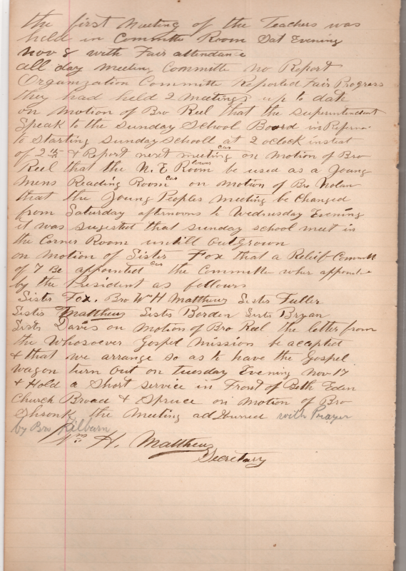 Scheduling services and events, building logistics for meetings, formation of a Relief Committee. Acceptance of a letter from the Whoseoever Gospel Mission, and a decision to have the gospel wagon go out