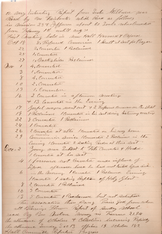 List of conversions in 1896, Sunday School report including money, student attendance, and increasing collections, Report of lots of visits from the visiting committee