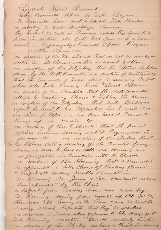 Relief committee report, president's report "reserved." New business: decision to purchase more hymn books, Hall committee to fasten chairs and light the room. Calling a meeting of converted young men to form a committee in line with the church. New reading room committee. Reading room reports. Christmas morning and New Years Eve services
