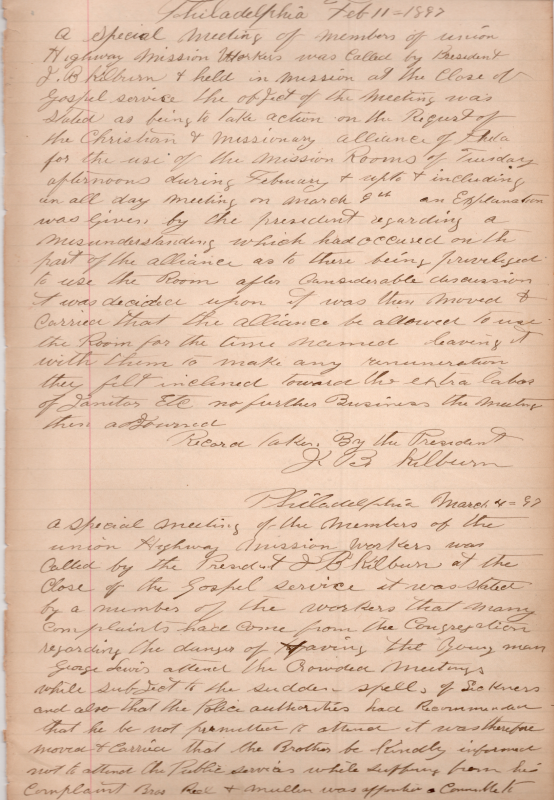 Special meeting: Decision to allow the Christian and Missionary Alliance of Philadelphia use building rooms on Tuesdays for their activity; 3/4/1897, Special Meeting: Decision to not allow a member of the congregation to attend while dealing with an ailment after complaints from other congregants, and under the recommendations of the police