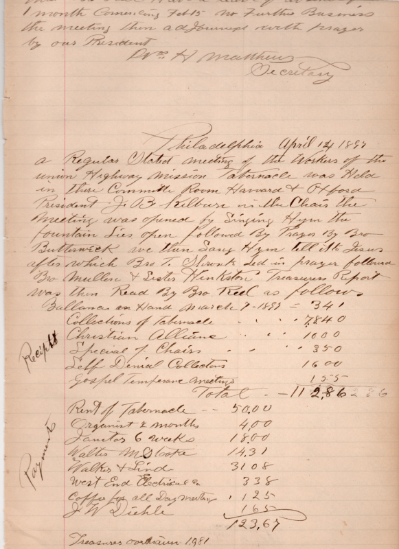 Brother Reel's leave of Absence.; 04-14-1897: Hymns, prayer, treasurer's report