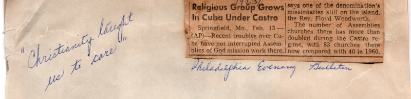 Clip of the Philadelphia Evening Bulletin discussing Assemblies of God churches in Cuba