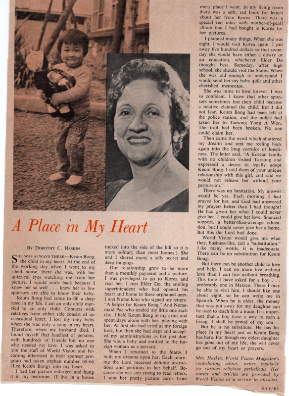 Article about sponsoring an orphan in Korea