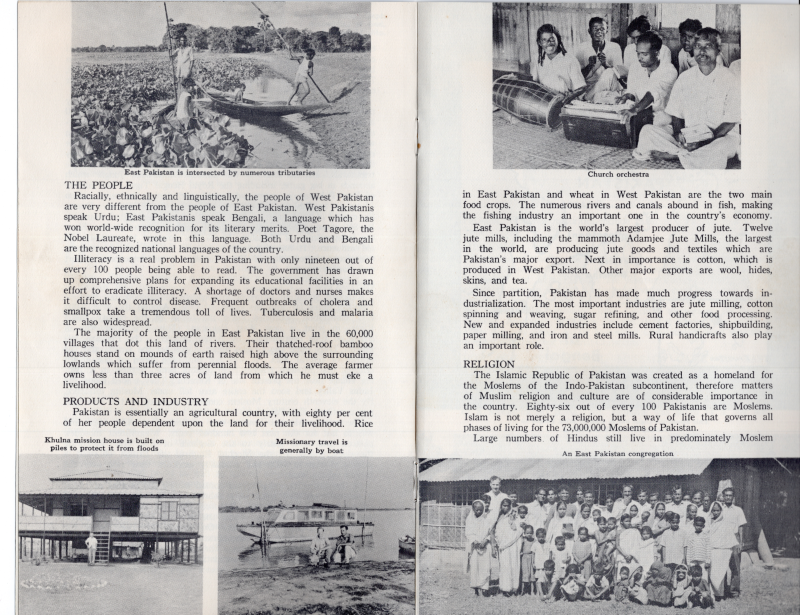 Information about the people of Pakistan, their products and industry, and their religions. Photograph of a tributary, a house built on rafters, missionaries traveling by boat, a church orchestra, and an East Pakistan congregation