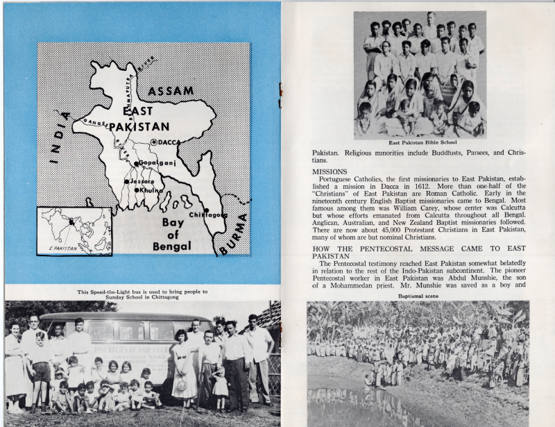 Map of East Pakistan, writing about missions there and the pentecostal message's arrival. Photographs of a Speed-the-Light bus, members of the East Pakistan Bible School, and a baptismal scene
