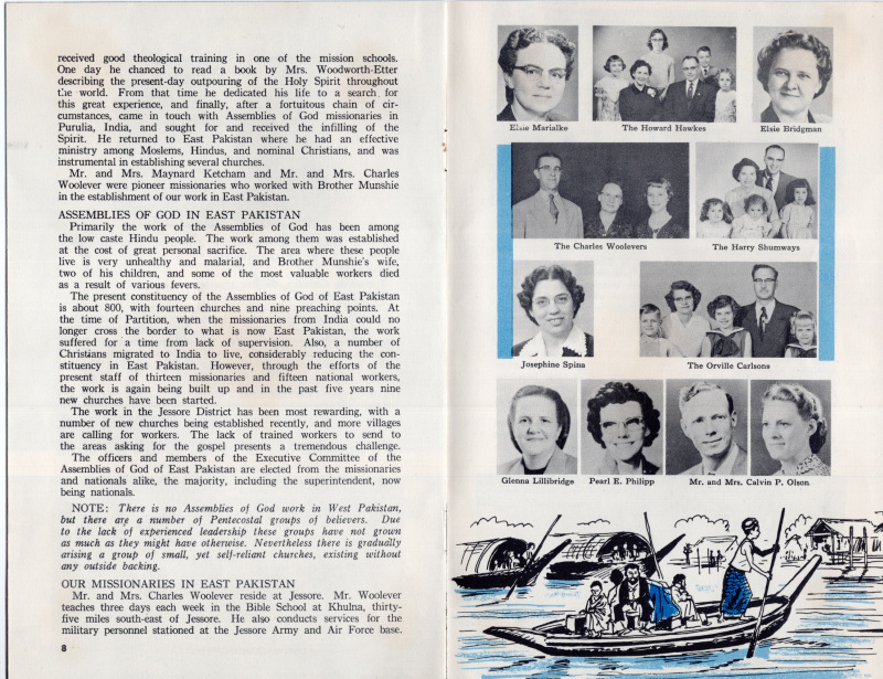 Pentecostals and The Assemblies of God in Pakistan with the names and portraits of East Pakistan missionaries. Includes the WMC missionaries, Mr. and Mrs. Calvin P. Olson