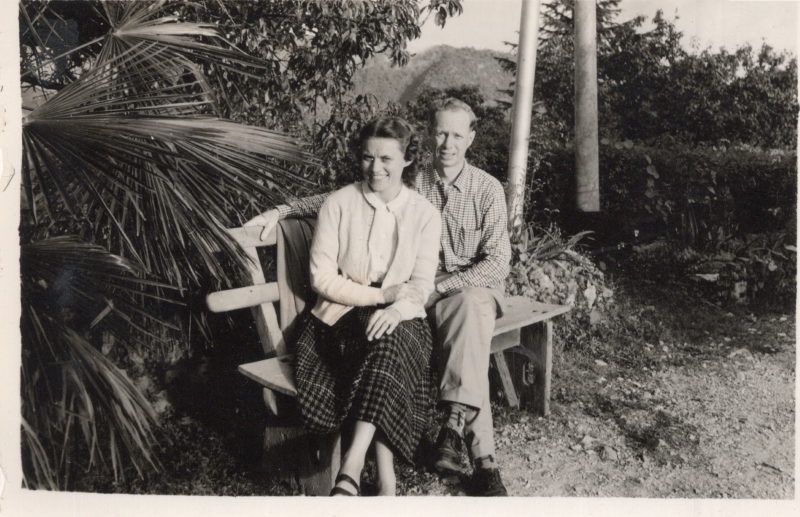 Portrait of the Olsons with the caption, "Marian and Calvin Olson in India, Sept. 1961"