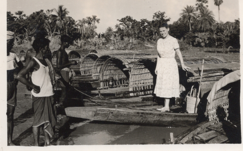 Image from the Olsons, missionaries to East Pakistan, captioned, "Marian Olson in river boat in East Pakistan Oct. 1961"